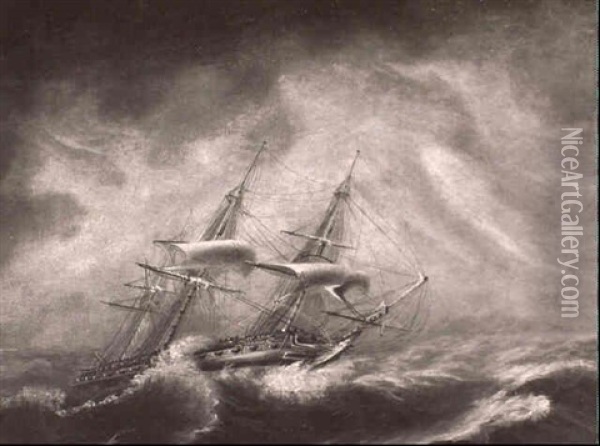 Frigate Riding Out A Storm Oil Painting - Thomas Buttersworth