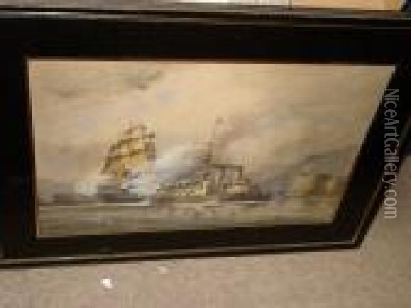H.m.s. Trafalgar Leaving Portsmouth Harbour Oil Painting - William Edward Atkins