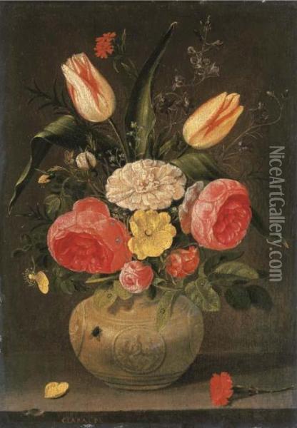 Roses, Tulips, Carnations And 
Other Flowers In A Stoneware Vase With Ornamental Relieves On A Stone 
Ledge Oil Painting - Clara Peeters