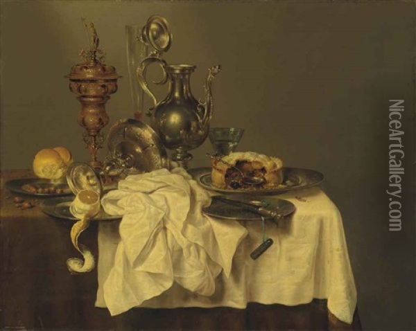 A Blackberry Pie On A Pewter Platter, A Silver-gilded Cup And Cover, An Upturned Tazza, A Partly-peeled Lemon, A Bread Roll... Oil Painting - Willem Claesz Heda