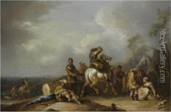 An Outdoor Scene With Horsemen And Musicians At Rest Oil Painting - Joseph Conrad Seekatz