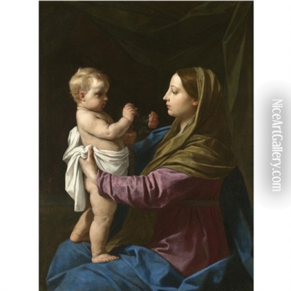 The Madonna And Child Holding A Rosary Crucifix And A Rose (madonna Della Rosa) Oil Painting - Simone Cantarini