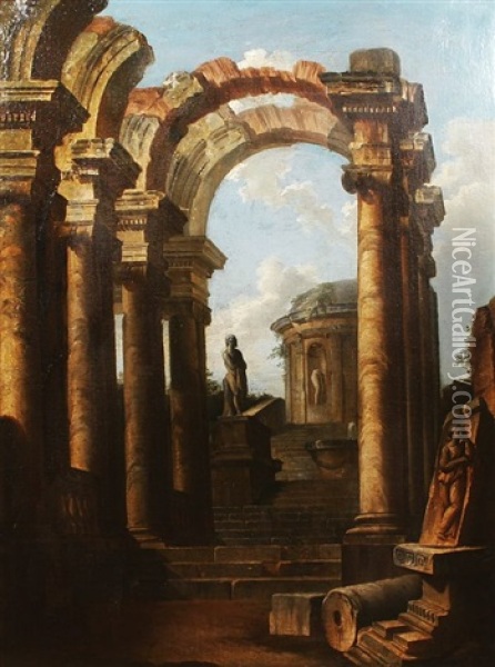 A Capriccio Of Classical Ruins With Roman Arches Oil Painting - Giovanni Paolo Panini