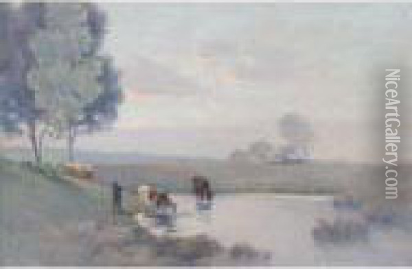 Troupeau S'abreuvant, Etaples Oil Painting - Henri Eugene Augustin Le Sidaner