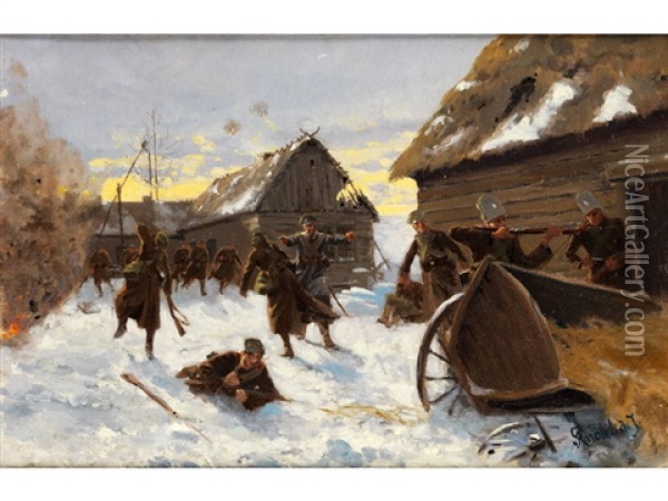 Kriegsgefecht In Einem Verschneiten Russischen Dorf Oil Painting - Richard Knoetel