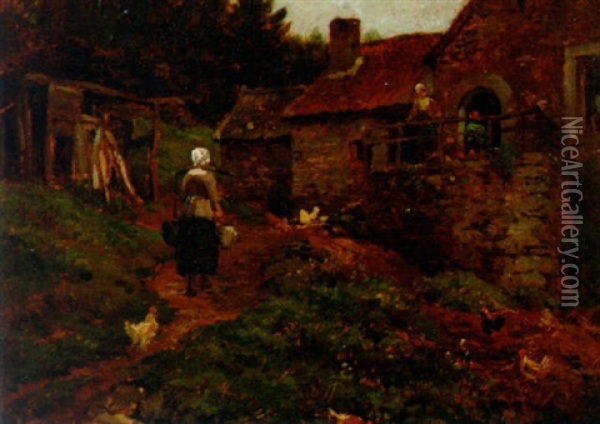 A Country Girl With Chickens Before A Farm Oil Painting - Andre Plumot