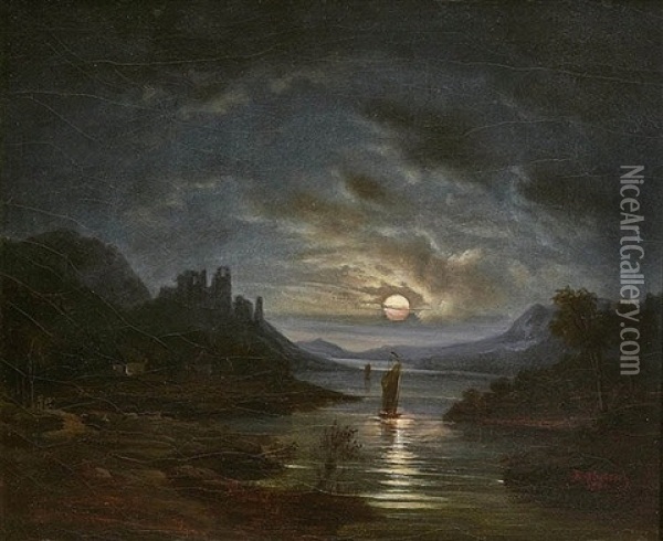 A Moonlit River Landscape With The Ruins Of A Castle (metternich Castle, Moselle?) Oil Painting - August Ferdinand Schiertz