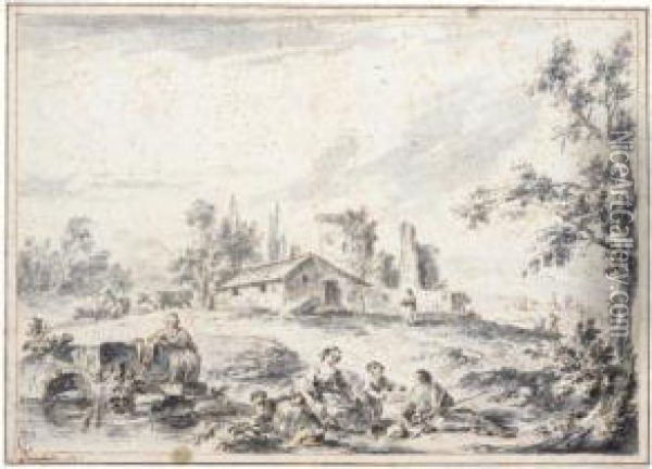 Rural Landscape With Peasants Resting By A Stream Oil Painting - Giuseppe Zais
