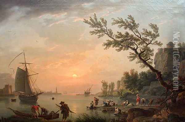 Sea port in a warm evening with the lighthouse Oil Painting - Claude-joseph Vernet