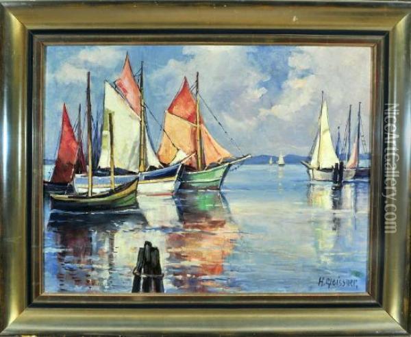 Segelboote Im Hafen Eines Sees Mit Blick Auf Die Berge Oil Painting - Hans Gleissner