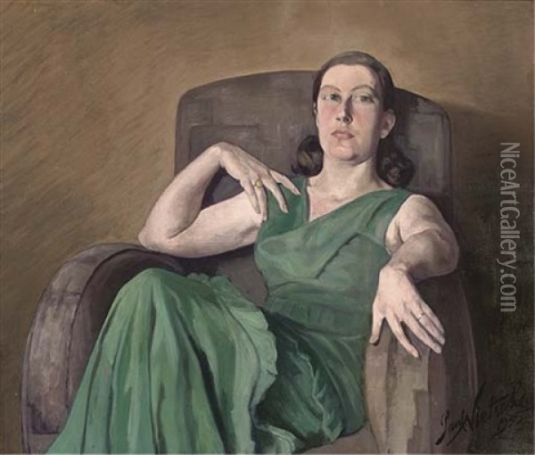 Portrait Of A Lady In A Green Dress Oil Painting - Paul Nietsche