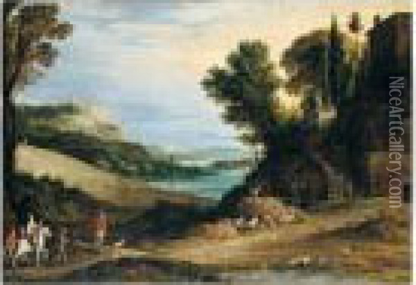 An Italianate Landscape With A 
Hawking Party Approaching A Villa, Other Huntsmen And A Hilltop Town 
Beyond Oil Painting - Paul Bril