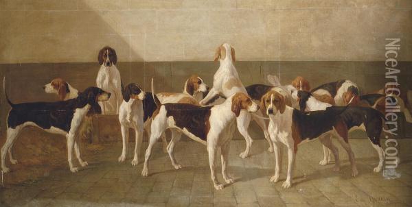 Hounds In A Kennel Oil Painting - Eugene Louis Ginain