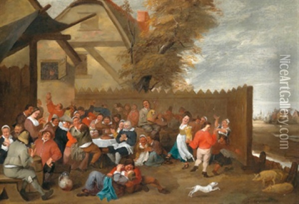 Feiernde Bauern Vor Einem Wirtshaus Oil Painting - Matheus van Helmont