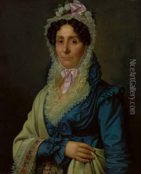Portrait Einer Dame Mitweiser Spitzenhaube, Blauem Taftkleid Und Beigem Umhang Oil Painting - Heinrich Christoph Kolbe