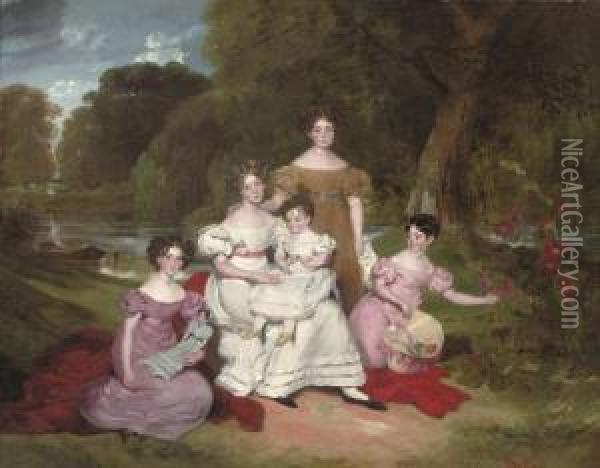 Portrait Of The Hunt Family, Full-length, Seated In The Garden At Buckhurst Rectory, Near Windsor Oil Painting - Henry Wyatt
