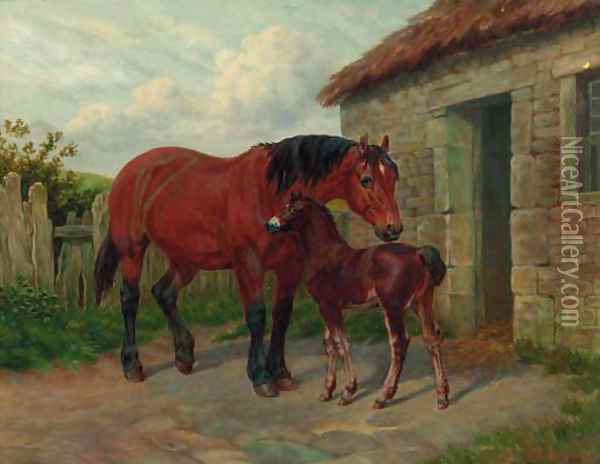A mare and foal by a stable Oil Painting - Amos Watmough
