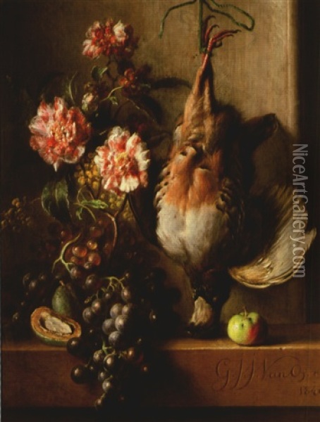 Nature Morte De Fruits, De Fleurs Et Oiseau Oil Painting - Georgius Jacobus Johannes van Os