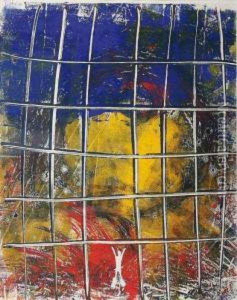 An Abstract Composition In Blue And Yellow Oil Painting - Gabriel Weyer