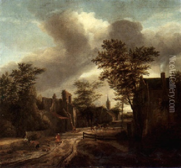 Figures On A Track Running Through A Village, A Church Spire Beyond Oil Painting - Jan van Kessel the Elder