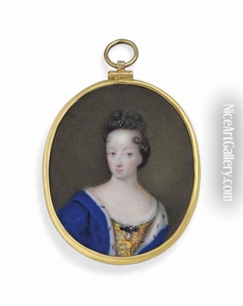 Hedvig Eleonora Of Holstein-gottorp (1636-1715), Queen Of Sweden, In Gold-embroidered Dress With Drop-pearl And Gem-set Brooch At Corsage, Ermine-bordered Blue Dress, Pearls In Her Upswept Hair Oil Painting - Erik Utterheim