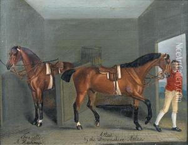 A Stable Interior With The Racehorses'traveller' And 'atlas' Held By A Groom Oil Painting - J. Francis Sartorius