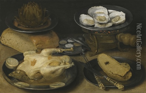 Still Life With A Dish Of Oysters Upon A Brazier, An Artichoke In A Dish Resting Upon A Loaf Of Bread, Together With A Cooked Capoon And A Knife, Fork And Slices Of Bread On Plates And A Silver Condiment Dish Upon A Table Top Oil Painting - Georg Flegel