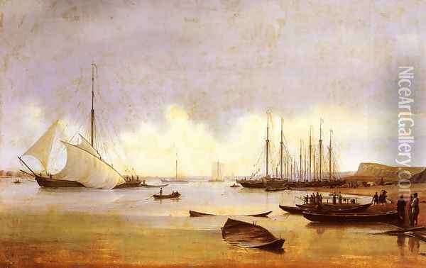 Fishing Vessels off a Jetty, believed to be Costroma (Russia) Oil Painting - Anton Ivanovich Ivanov