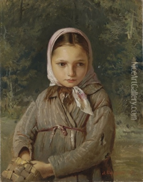 Portrait Of A Young Girl In A Headscarf Oil Painting - Aleksei Ivanovich Korzukhin
