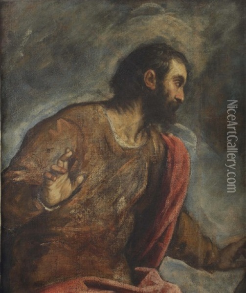 A Male Saint; A Fragment Oil Painting - Jacopo Palma il Giovane