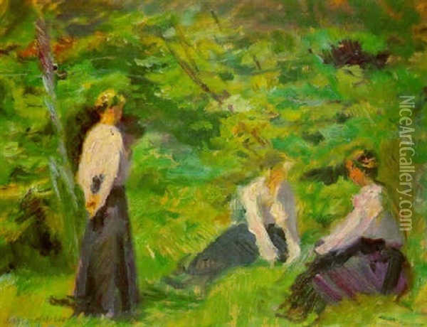 Wesling, Drei Frauen Im Gras Oil Painting - Max Mayrshofer