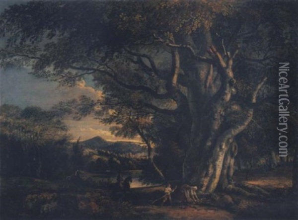 A Wooded Landscape With An Ancient Beech Tree, A Huntsman And Mountains Beyond Oil Painting - Paul Sandby