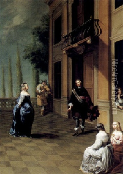 Elegant Figures With A Lady And A Gentleman Dancing On A    Terrace Oil Painting - Hieronymous (Den Danser) Janssens