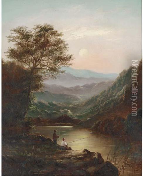 Cattle Watering In A Welsh Landscape; And Anglers By A Lake Oil Painting - Charles Leslie