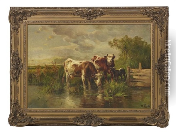 Cattle And A Young Calf Watering Oil Painting - Henry Schouten