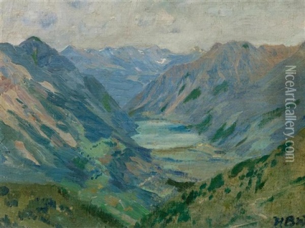 Lago Di Poschiavo Seen From Alp Grum Oil Painting - Hans Beat Wieland