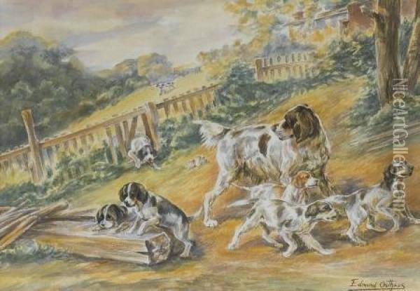 Setter With Playful Pups Oil Painting - Edmund Henry Osthaus