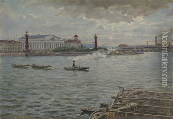 View Of The Spit Of Vasilievsky Island, Petrograd Oil Painting - Ivan Mikhailovich Grabovsky