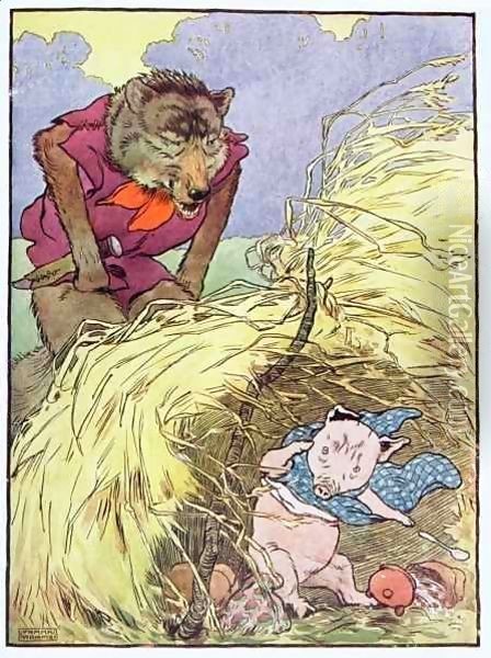 'So he huffed and he puffed till he blew the house of straw in', illustration from 'The Three Little Pigs' Oil Painting - Frank Adams