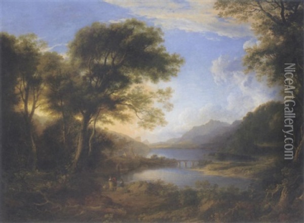 View Of Loch Tay With Kenmore Church And Bridge Oil Painting - Alexander Nasmyth