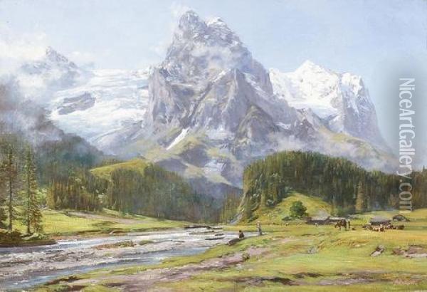 Ansicht Von Wellhorn, Wetterhorn Und Rosenlaui. Oil Painting - Auguste Henry Berthoud