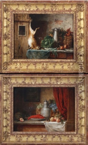 Two Still Life Scenes With Hare And Lobster Oil Painting - Christian Strobel