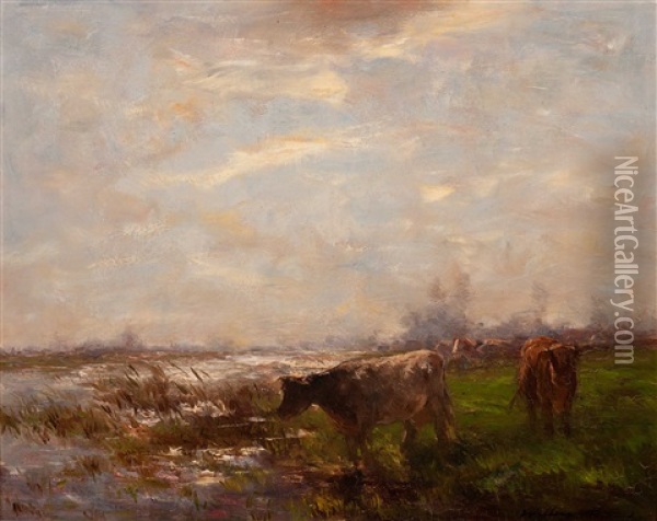 Meadow With Cows By The Water Oil Painting - Willem Maris