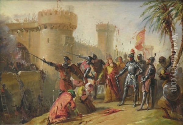 Combat Sous Les Murs D'antioche, Prise D'albare En 1098 (study) Oil Painting - Edouard Henri Theophile Pingret