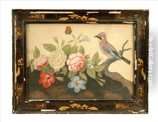 A Jay, Roses Andbutterfly Oil Painting - Samuel Dixon