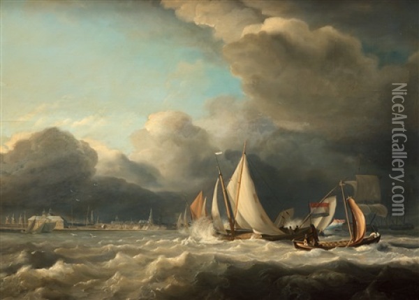 Dutch Ships By The Coast Oil Painting - Petrus Jan (Johannes) Schotel