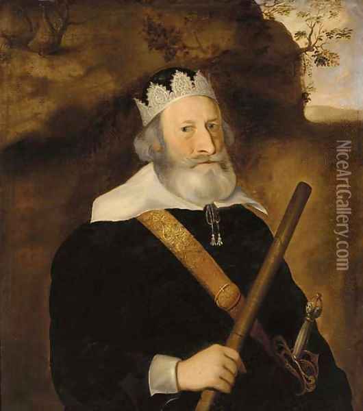 Portrait of a gentleman, half-length, in a black coat, a baton in his right hand, in a landscape Oil Painting - English School