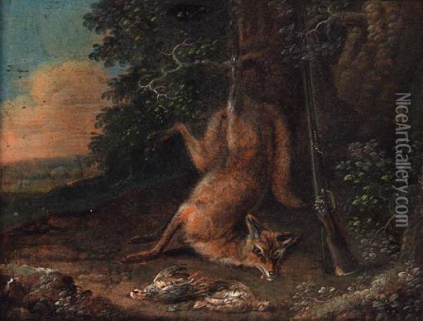 A Dead Fox And A Brace Of Partridge At The Edge Of A Wood Oil Painting - Ferdinand Phillip de Hamilton