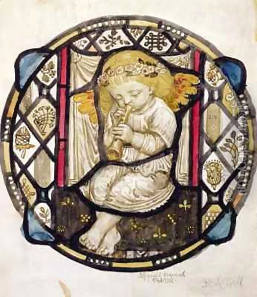 Stained Glass design of Putto playing the Flute Oil Painting - Robert Anning Bell