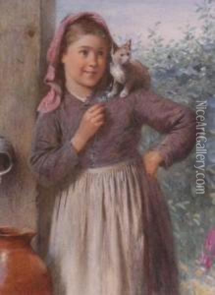 Girl With Kitten Oil Painting - Henry Benjamin Roberts